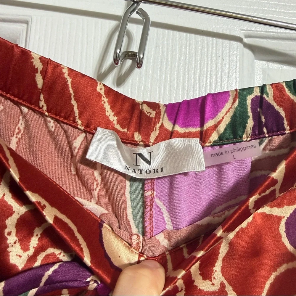 Natori satin pajama pant set rust floral cropped flowy top size large